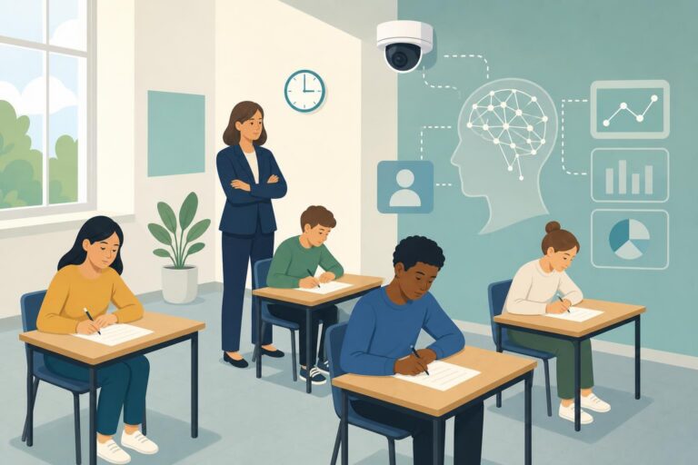 Editorial illustration of students taking an exam while a camera and AI system help an observer monitor the room.