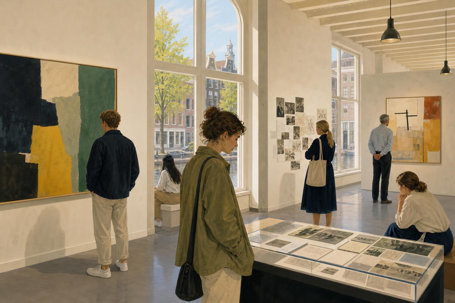 Visitors view art and archival materials in an illustrated Amsterdam exhibition space.