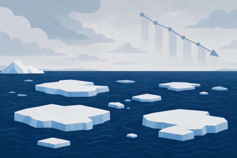 Editorial illustration of shrinking winter sea ice in the Arctic Ocean.