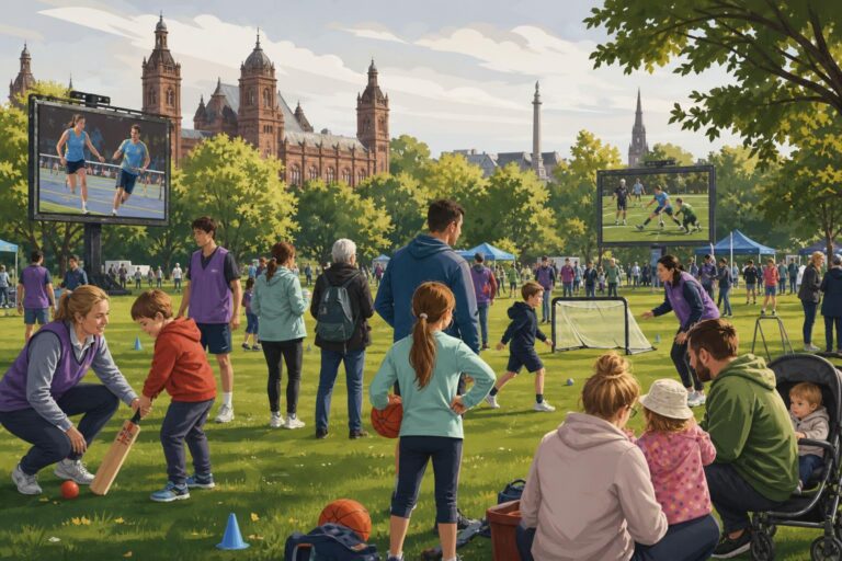 Families, athletes and volunteers enjoy a public sports area in a Glasgow park.