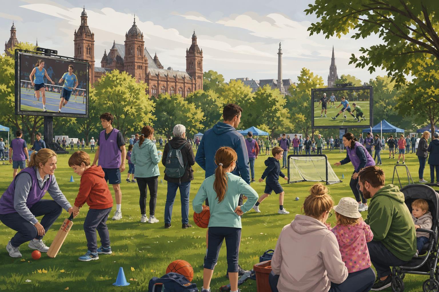 Families, athletes and volunteers enjoy a public sports area in a Glasgow park.