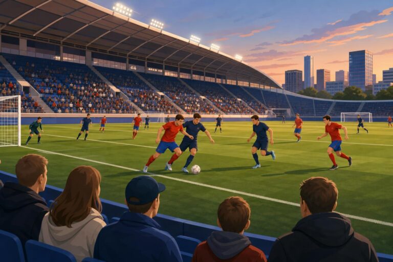 A stylized illustration of two football teams playing an evening match in a Moscow stadium.