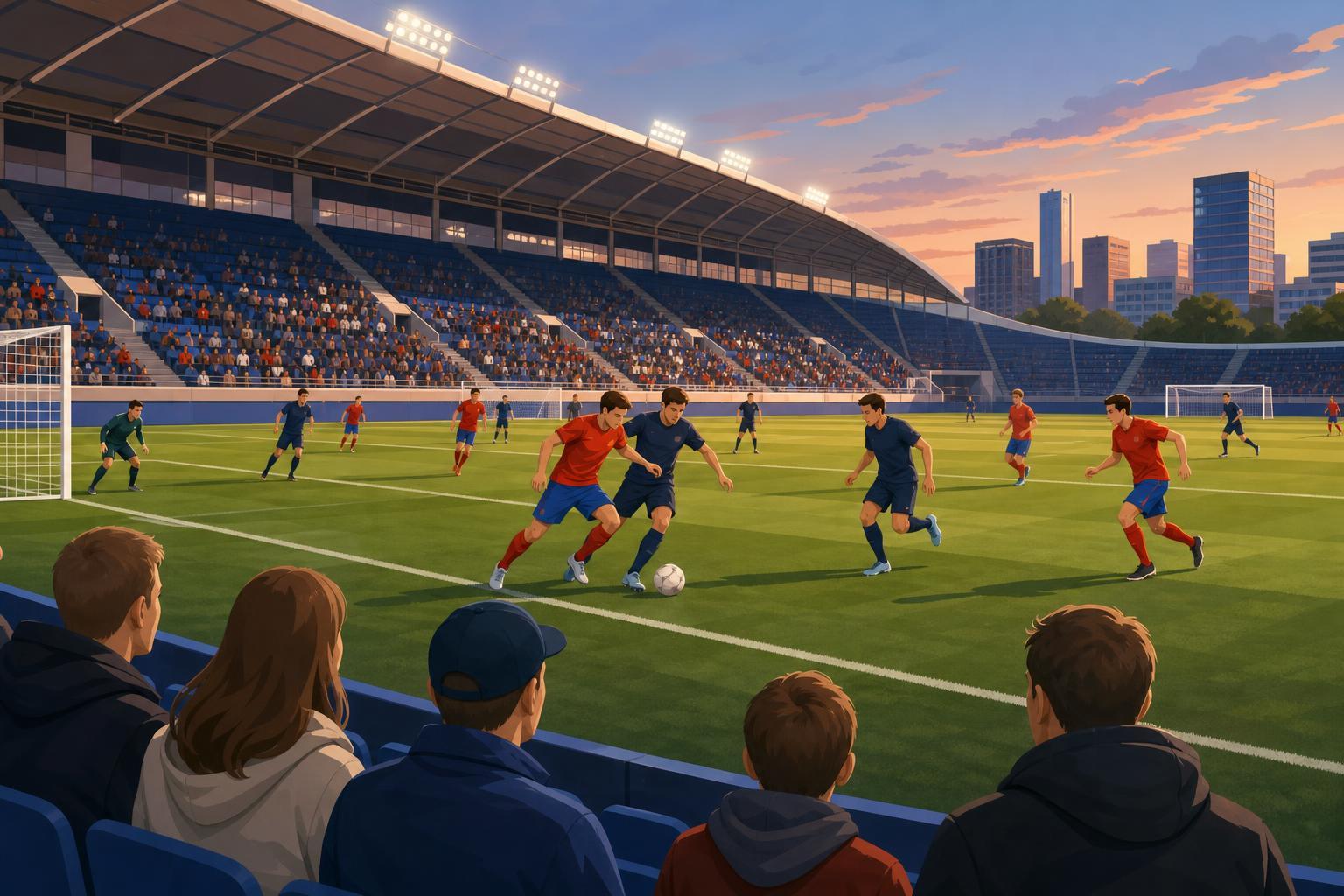 A stylized illustration of two football teams playing an evening match in a Moscow stadium.