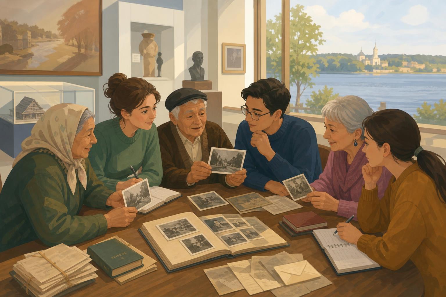 An editorial illustration of Dubna residents sharing childhood photographs and memories with young archive researchers.