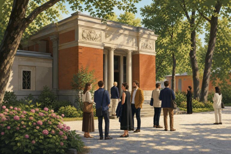 Editorial illustration of visitors near an art pavilion in Venice following an EU funding decision.