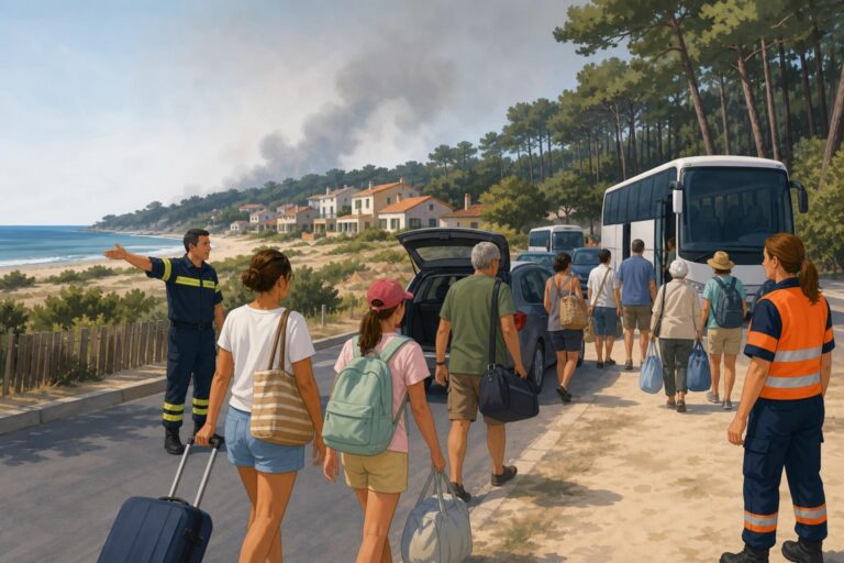 Residents and visitors leave an Atlantic-coast community in southwestern France as smoke rises beyond a pine forest.