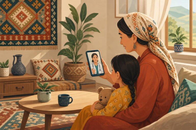 An adult and child in Kyrgyzstan use a smartphone for an online appointment with a doctor.