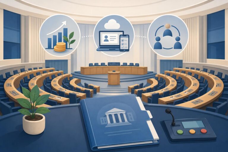 Editorial illustration of a parliamentary chamber and symbols of economic reform and digital public services in Moldova.