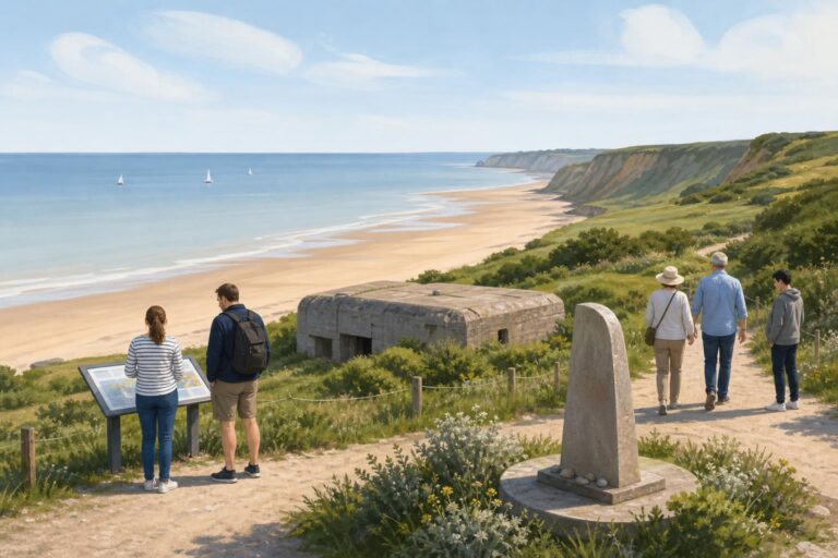 An illustrated view of visitors walking near a memorial and a wartime structure on the Normandy coast.