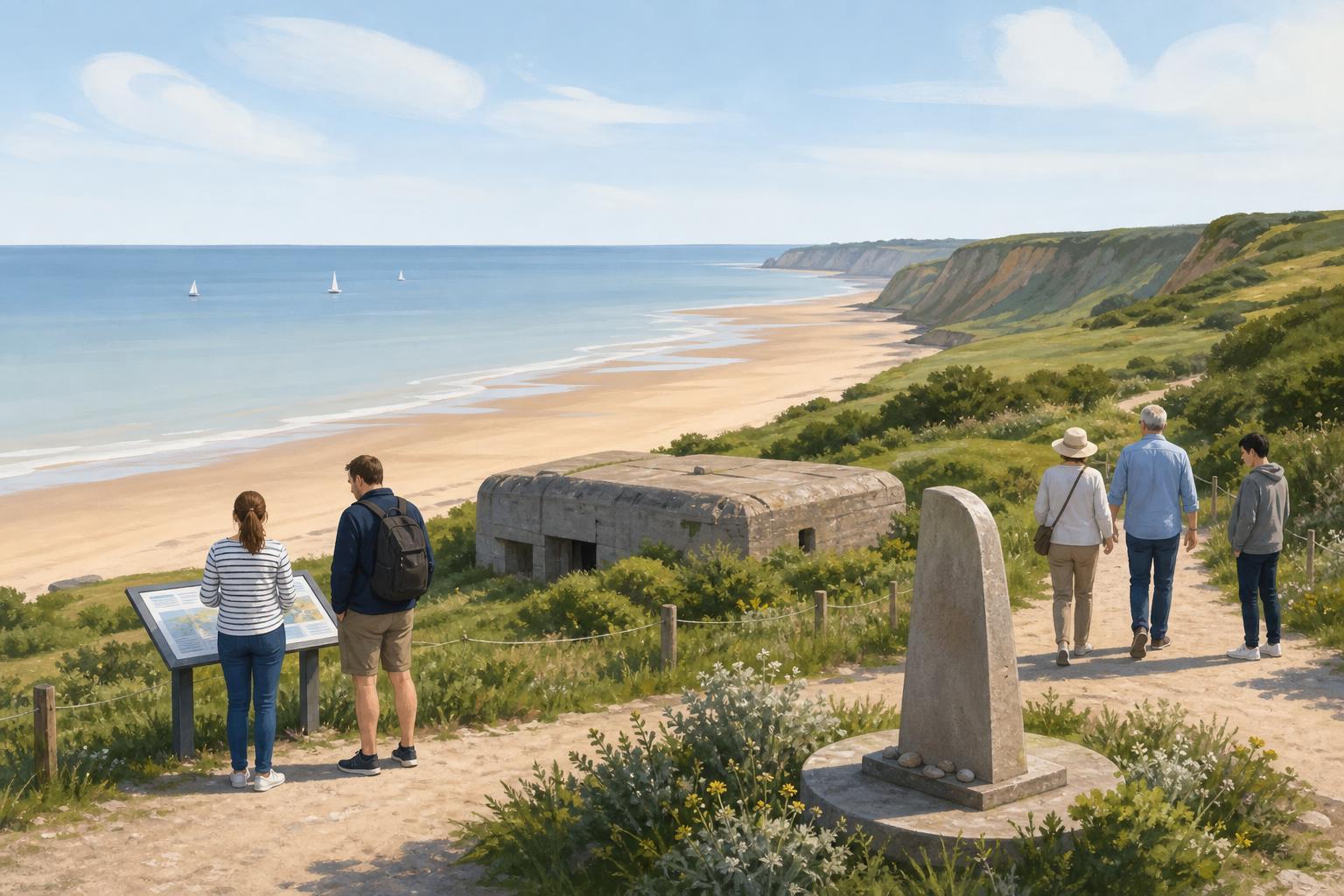 An illustrated view of visitors walking near a memorial and a wartime structure on the Normandy coast.