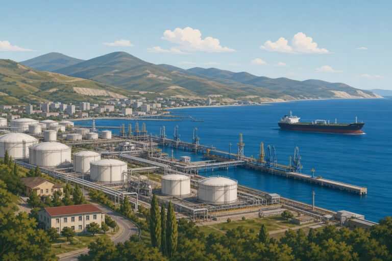 Editorial illustration of an oil terminal, a tanker and coastal hills at the Black Sea port of Novorossiysk.