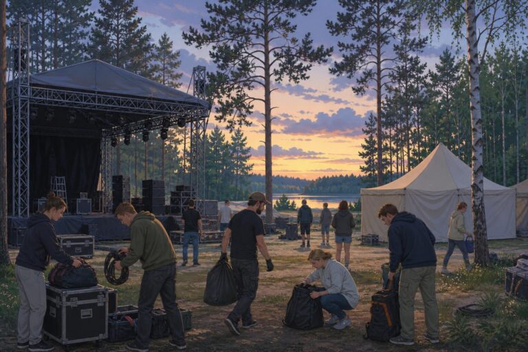 Festival visitors and crew pack up at a quiet wooded electronic-music site near Taldom after a cancellation.