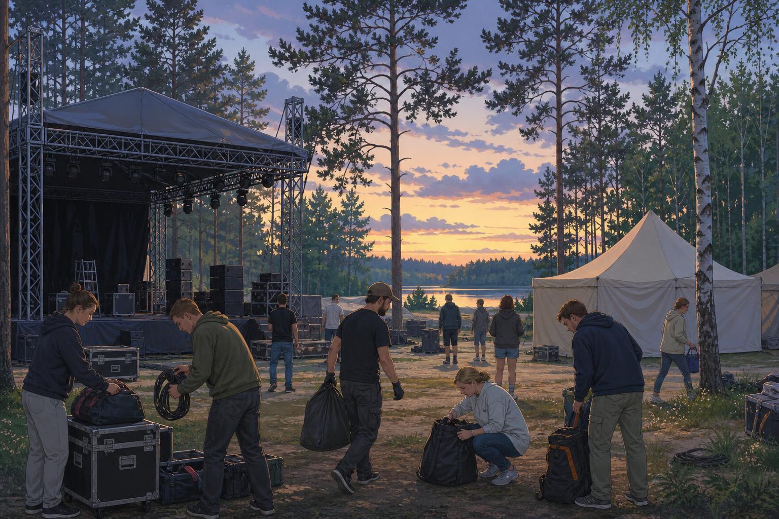 Festival visitors and crew pack up at a quiet wooded electronic-music site near Taldom after a cancellation.