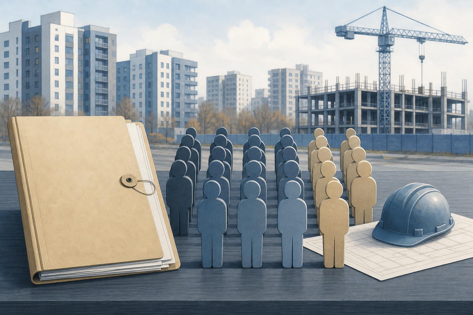 Editorial illustration of an official document, abstract staff silhouettes, and symbols of construction units.