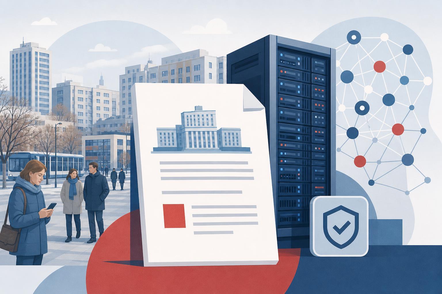 Editorial illustration of a government document, a computer server, and an artificial intelligence network.