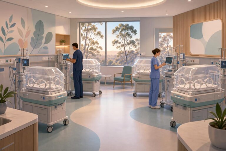 Stylized illustration of four incubators in a calm neonatal hospital room in Brisbane, Australia.
