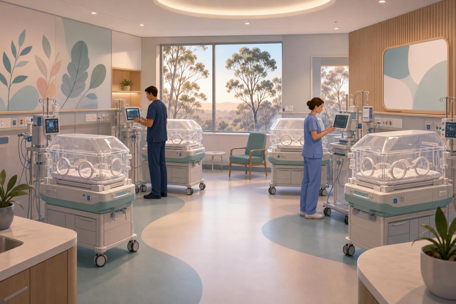 Stylized illustration of four incubators in a calm neonatal hospital room in Brisbane, Australia.