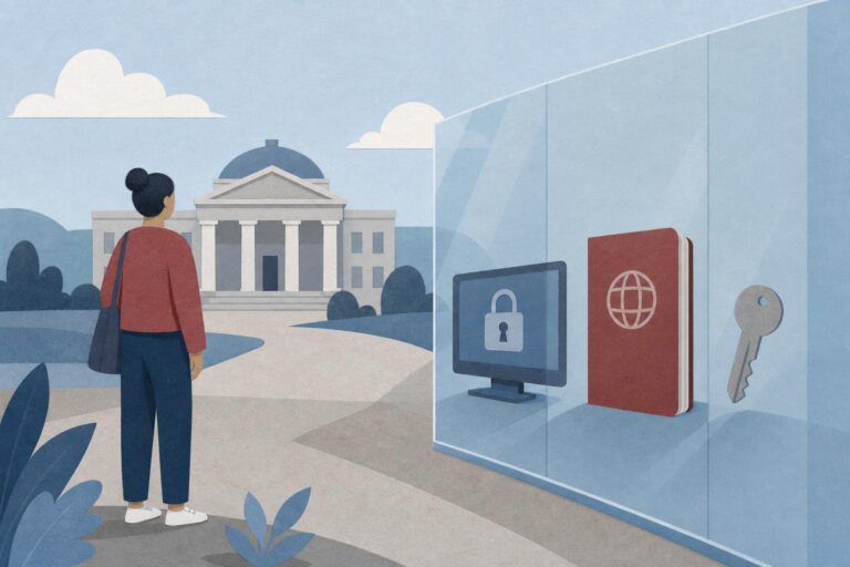 Symbolic editorial illustration of barriers to banking, travel documents and property for a person living abroad.