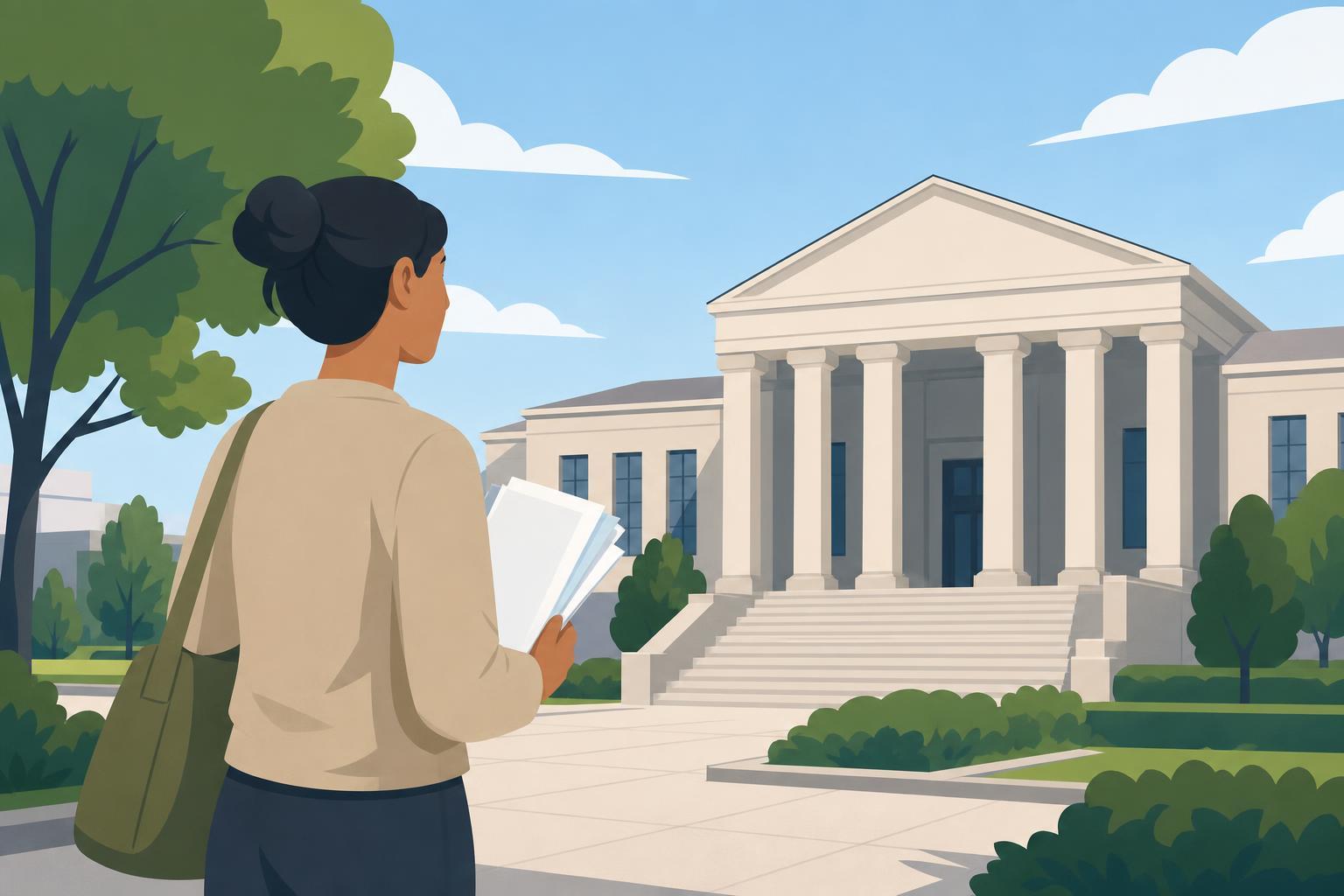 Stylized illustration of a person holding documents outside a government building.