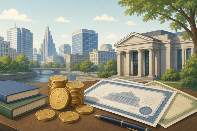 A stylized illustration of a bank, government offices, bond documents and ruble coins representing Russia’s budget deficit.