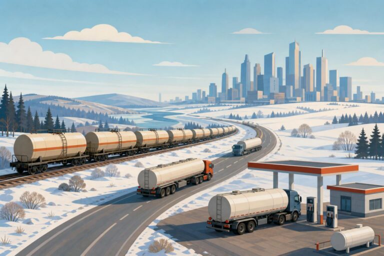 A stylized illustration of fuel travelling by train and truck from a snowy region toward a large city.