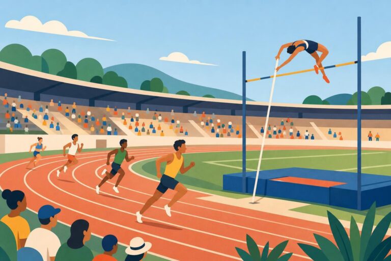 Stylized illustration of a pole vaulter and runners at a track-and-field competition.