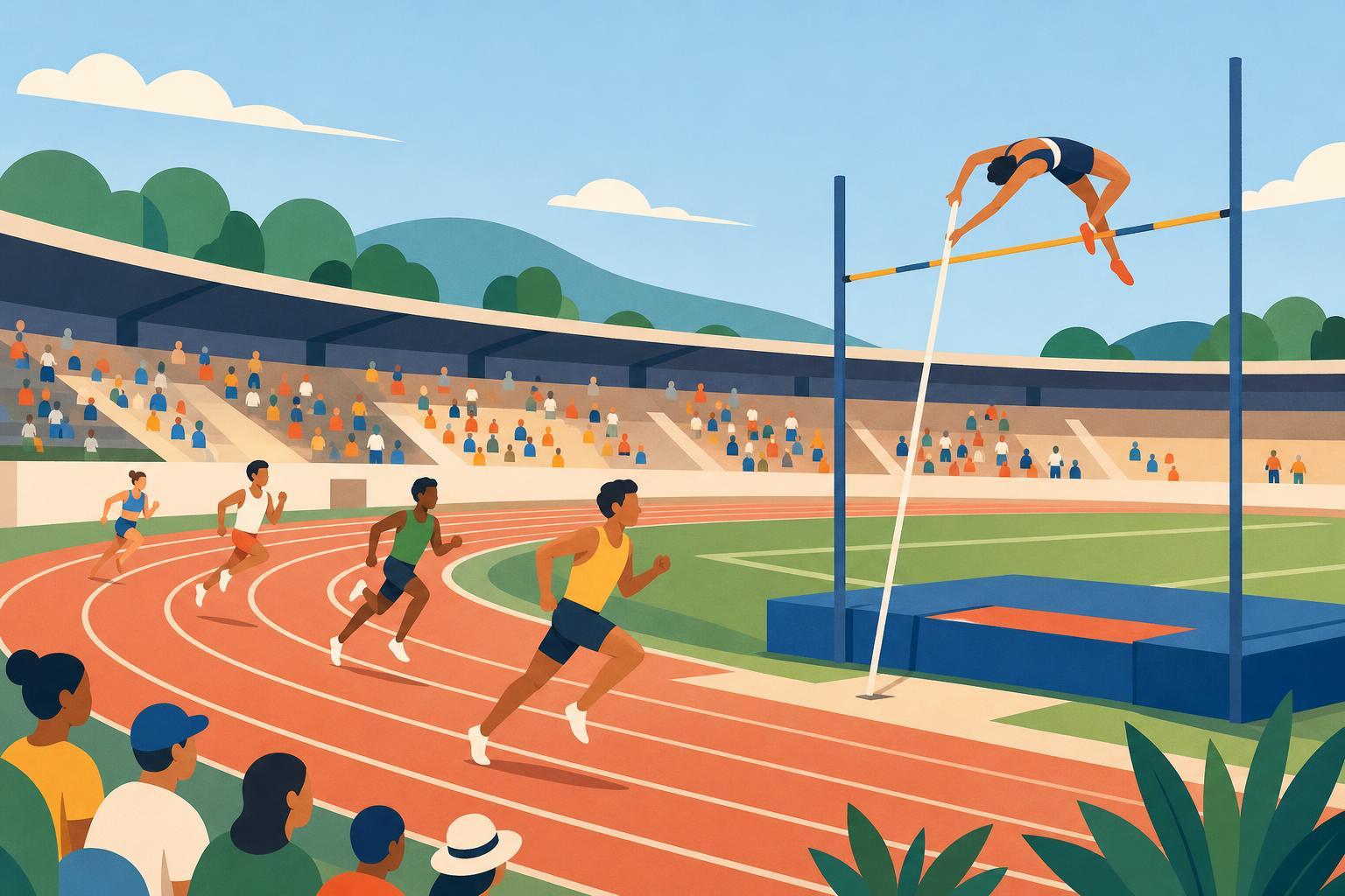 Stylized illustration of a pole vaulter and runners at a track-and-field competition.
