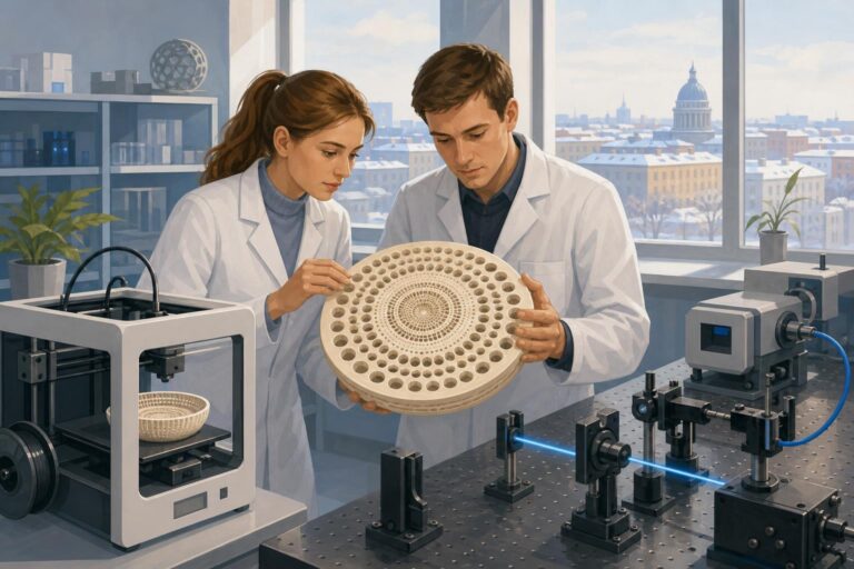 Two researchers examine an enlarged 3D-printed model inspired by a diatom shell in a photonics laboratory.