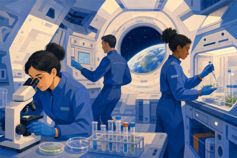 A stylized illustration of three space researchers working with scientific equipment inside an orbital laboratory.
