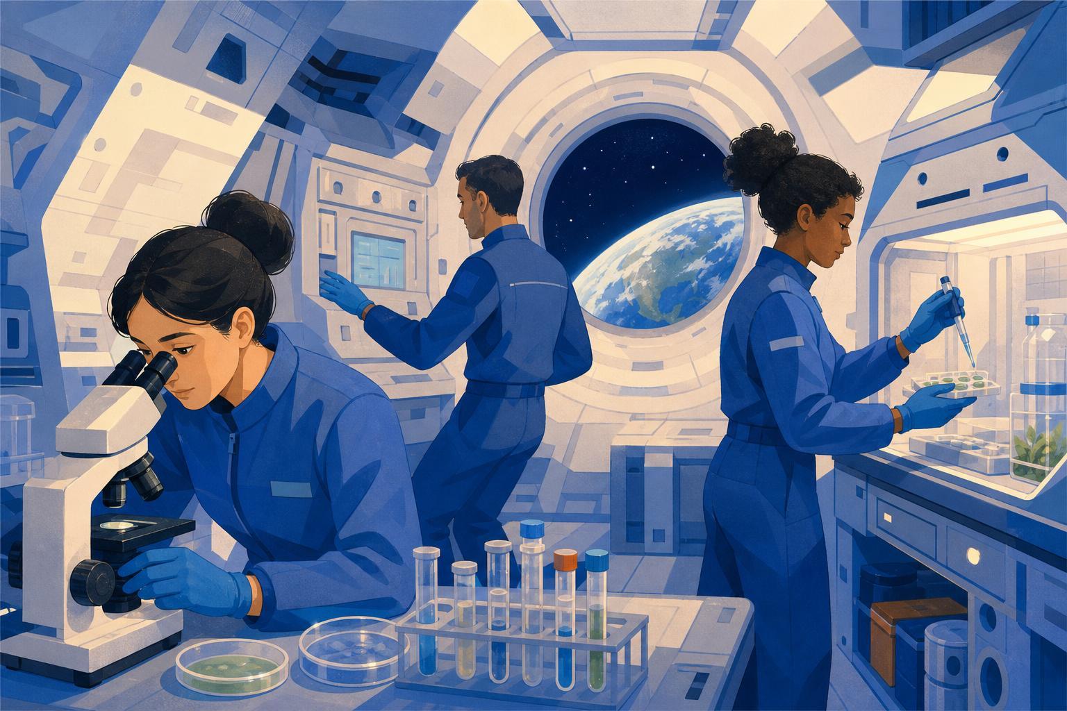 A stylized illustration of three space researchers working with scientific equipment inside an orbital laboratory.