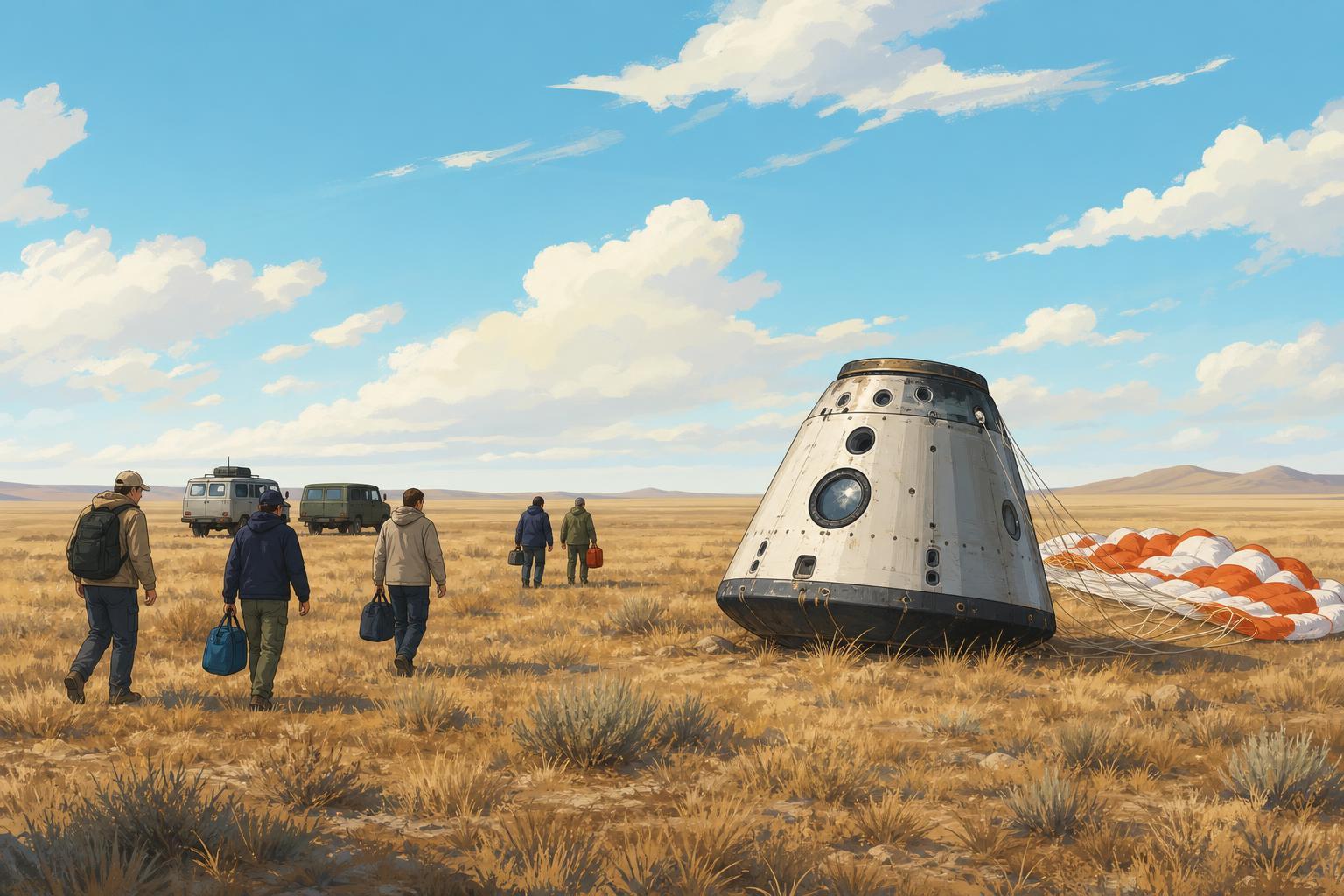 Stylized editorial illustration of a space capsule after landing in the Kazakh steppe near Zhezkazgan.