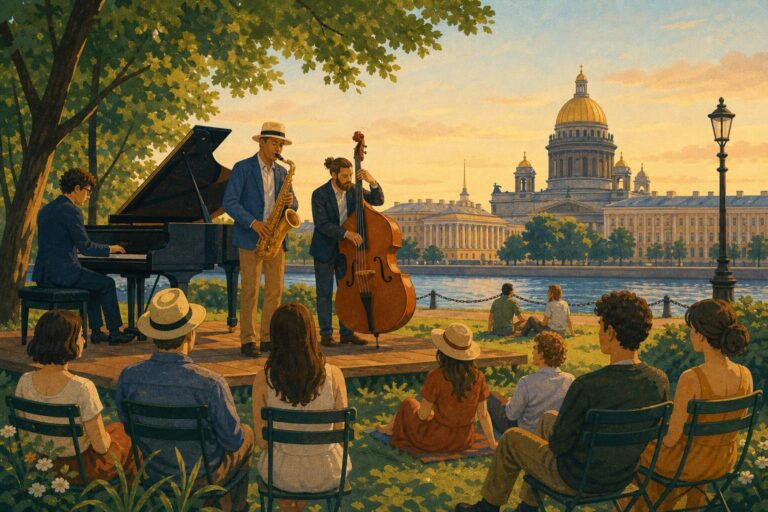 An illustrated jazz ensemble performs outdoors in a green St. Petersburg park.