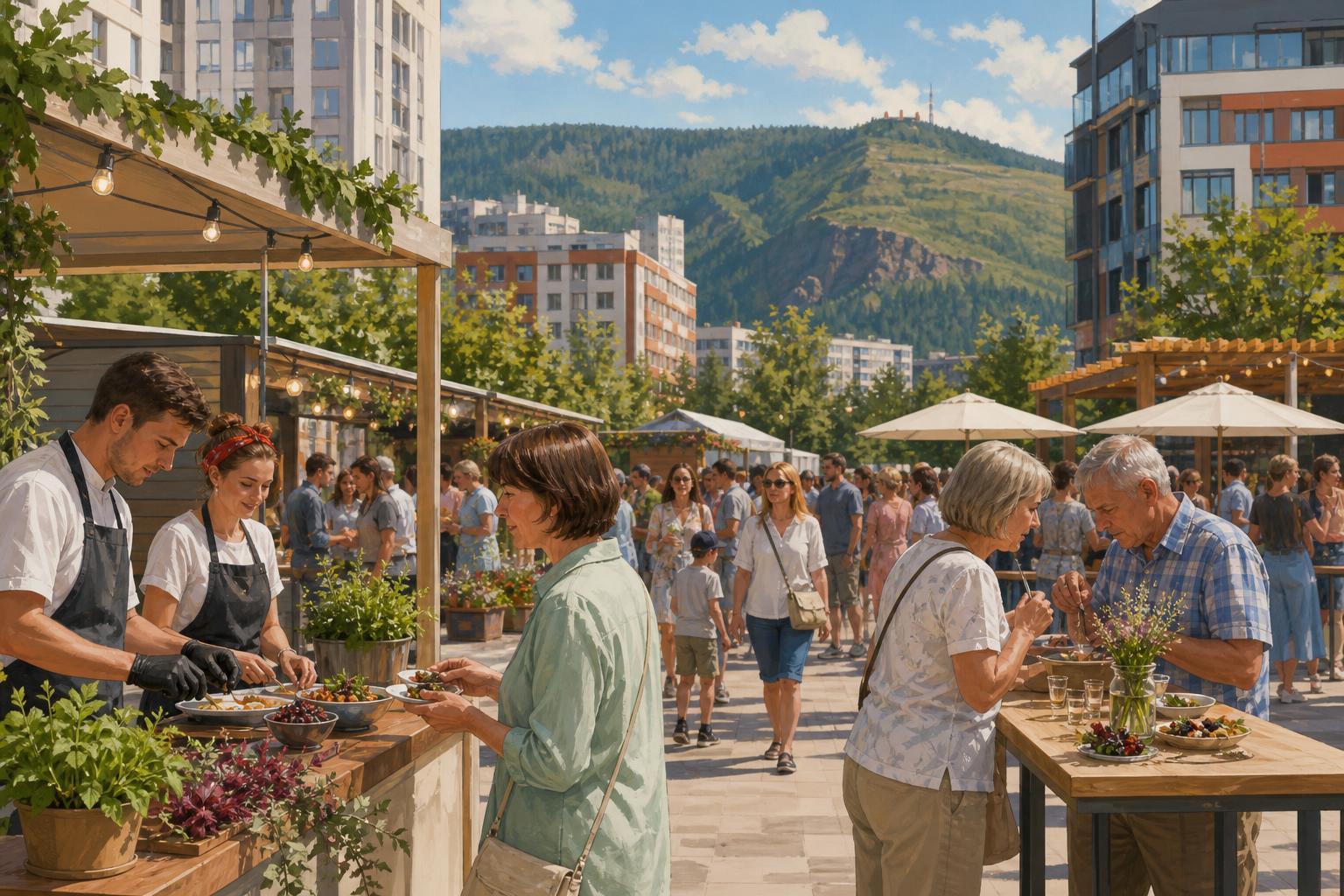 An editorial illustration of visitors tasting regional dishes at a summer food festival in a Krasnoyarsk courtyard.