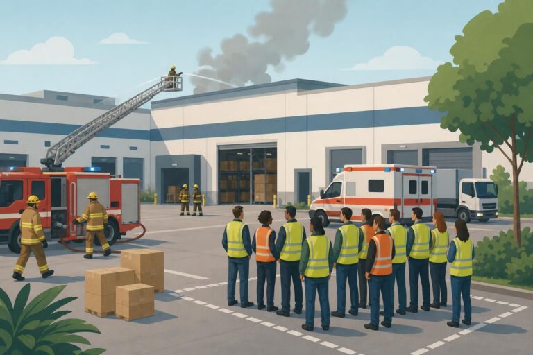 Stylized editorial illustration of firefighters responding to an emergency at a logistics center in southern Russia.