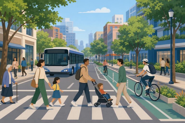 A simple illustration of pedestrians, cyclists, vehicles, and a bus using a safe city street.