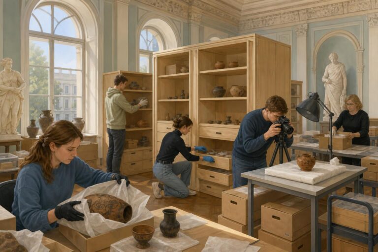 Museum staff and students organise archaeological objects in new storage cabinets in Odesa.