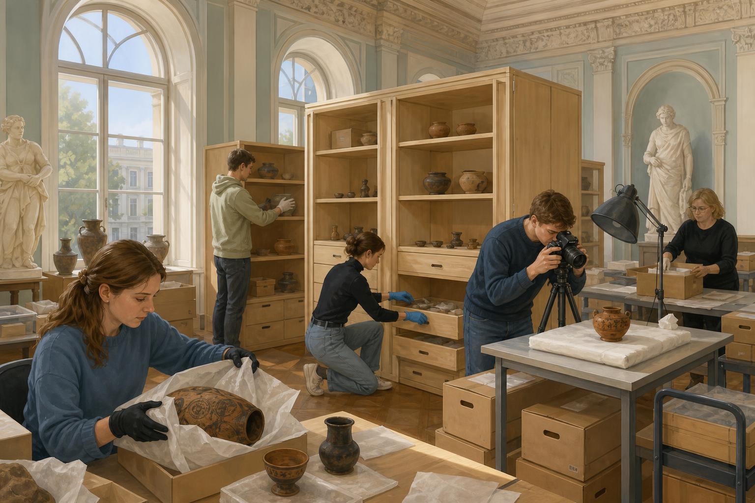 Museum staff and students organise archaeological objects in new storage cabinets in Odesa.