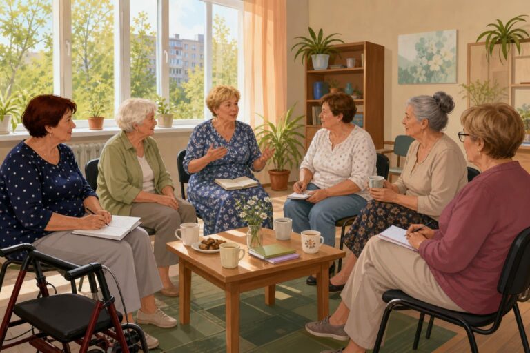 Women over 50 attend a peer-support training session in a community center in the Chelyabinsk region.