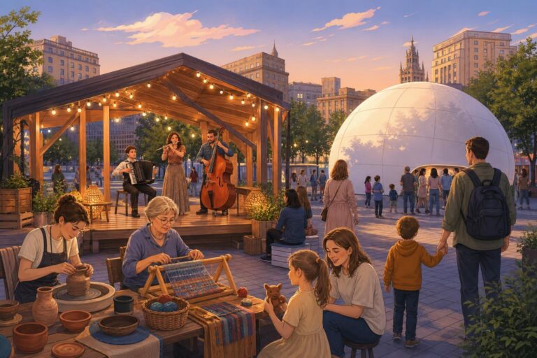 Visitors explore music, crafts, and a projection dome at a cultural festival in Moscow.