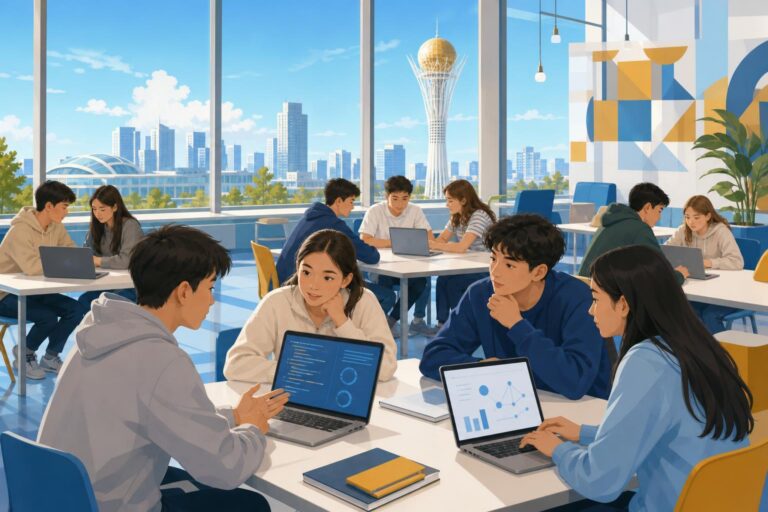 Students discuss artificial intelligence tasks at an international olympiad in Astana.
