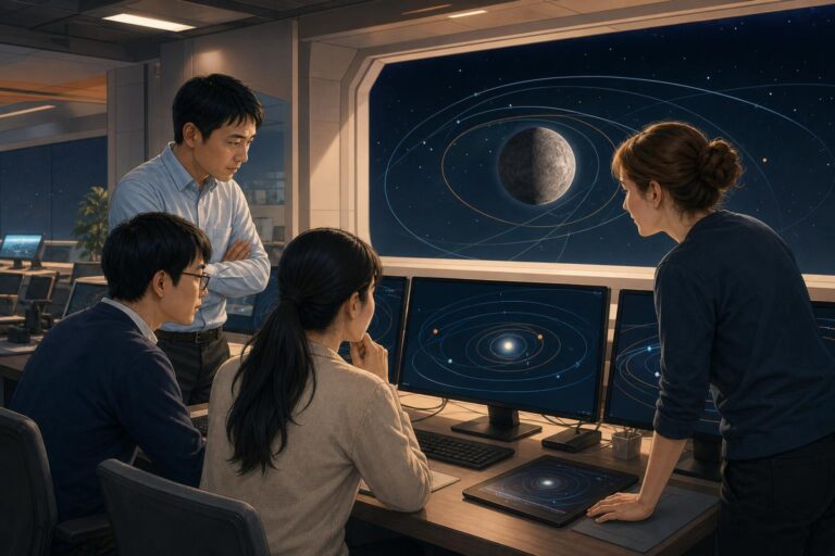An illustration of Japanese and European space engineers monitoring BepiColombo’s approach to Mercury.