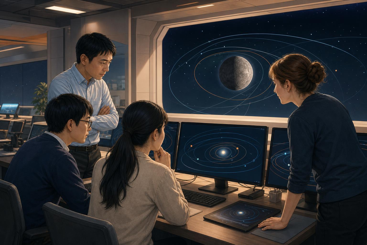 An illustration of Japanese and European space engineers monitoring BepiColombo’s approach to Mercury.