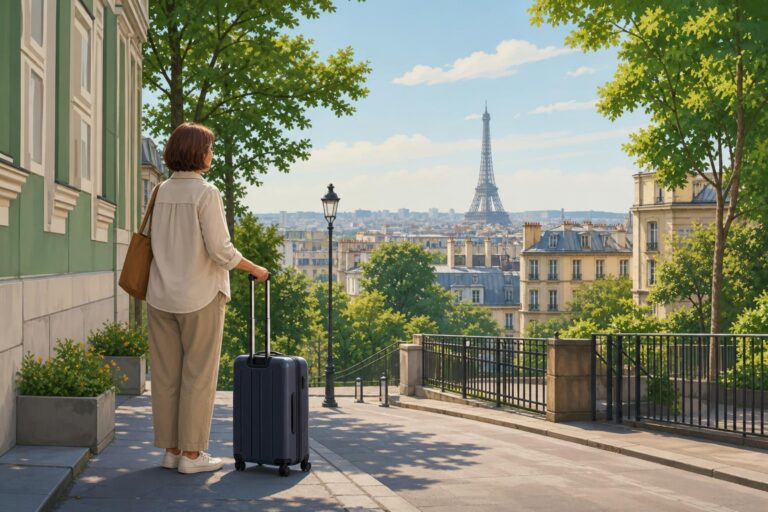 An anonymous traveller with a suitcase stands on a Paris street, with the Eiffel Tower in the distance.