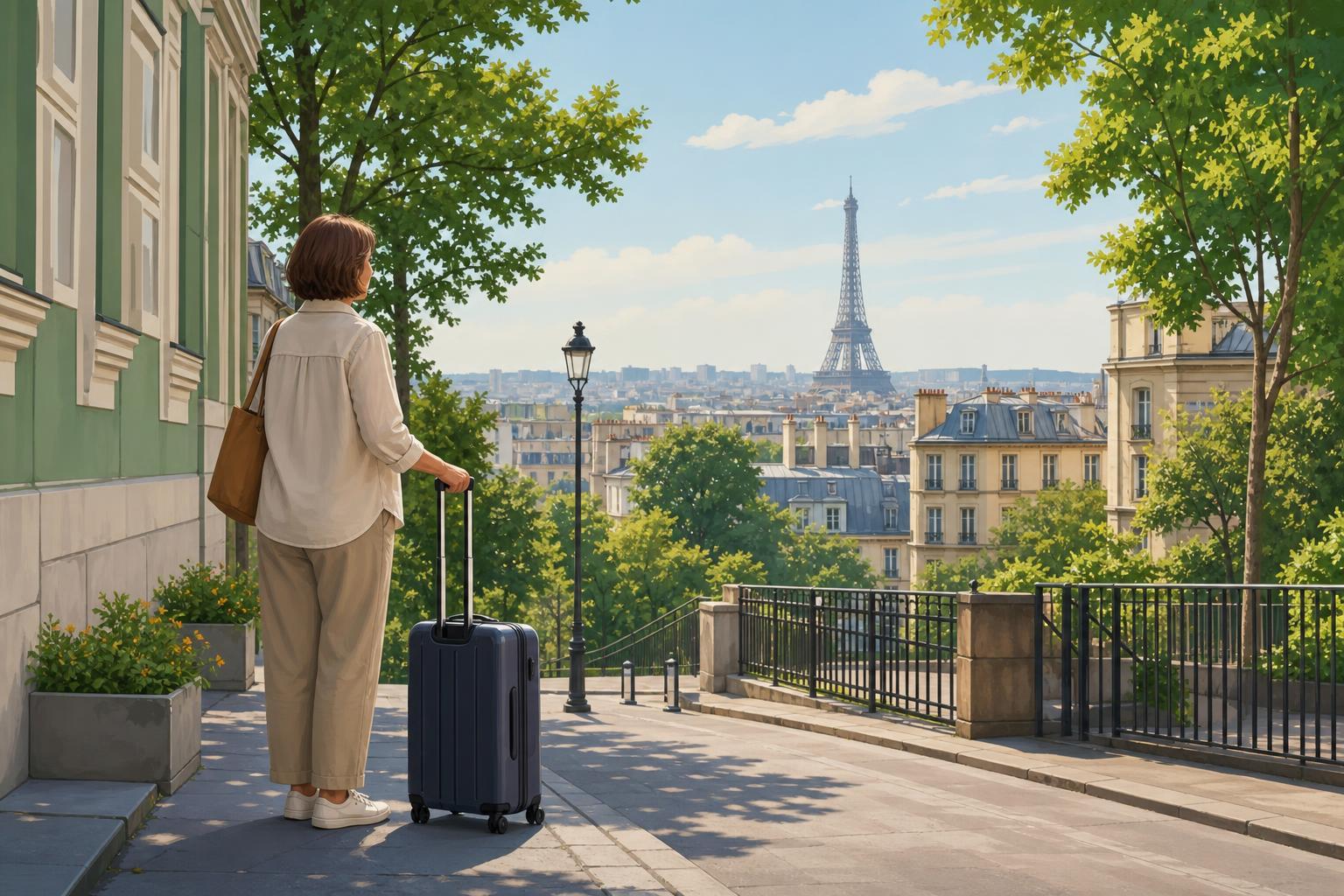 An anonymous traveller with a suitcase stands on a Paris street, with the Eiffel Tower in the distance.