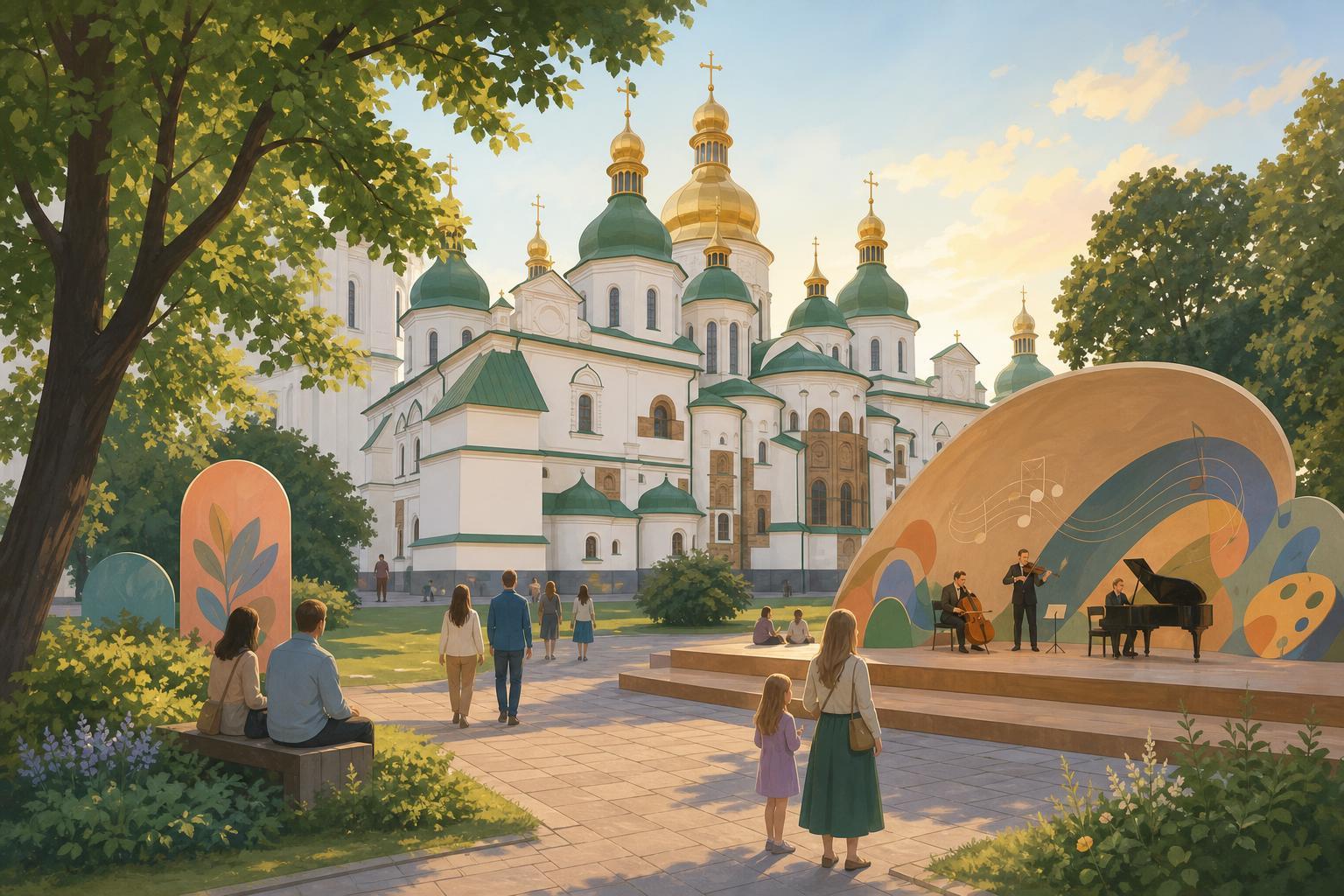 Visitors near an outdoor arts stage at Saint Sophia of Kyiv during the Bouquet Kyiv Stage festival