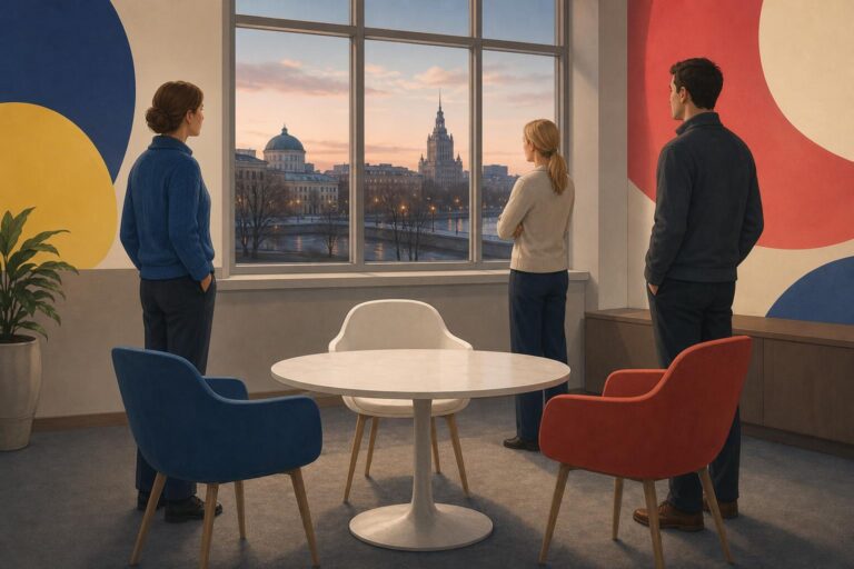Editorial illustration of three empty chairs around a table, symbolizing possible talks on Russia's war against Ukraine.