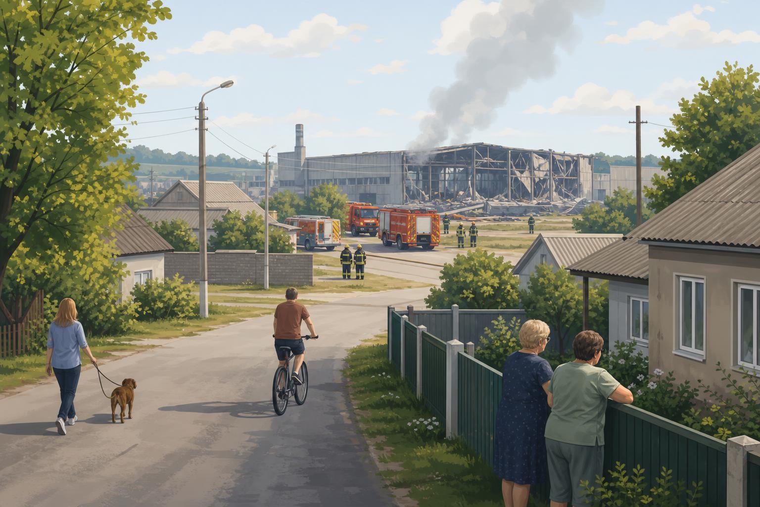 Editorial illustration showing emergency workers near a damaged warehouse outside Kyiv.