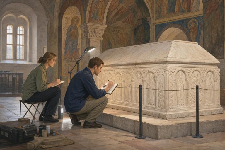 Illustration of conservators examining a white-stone sarcophagus during cathedral restoration work.