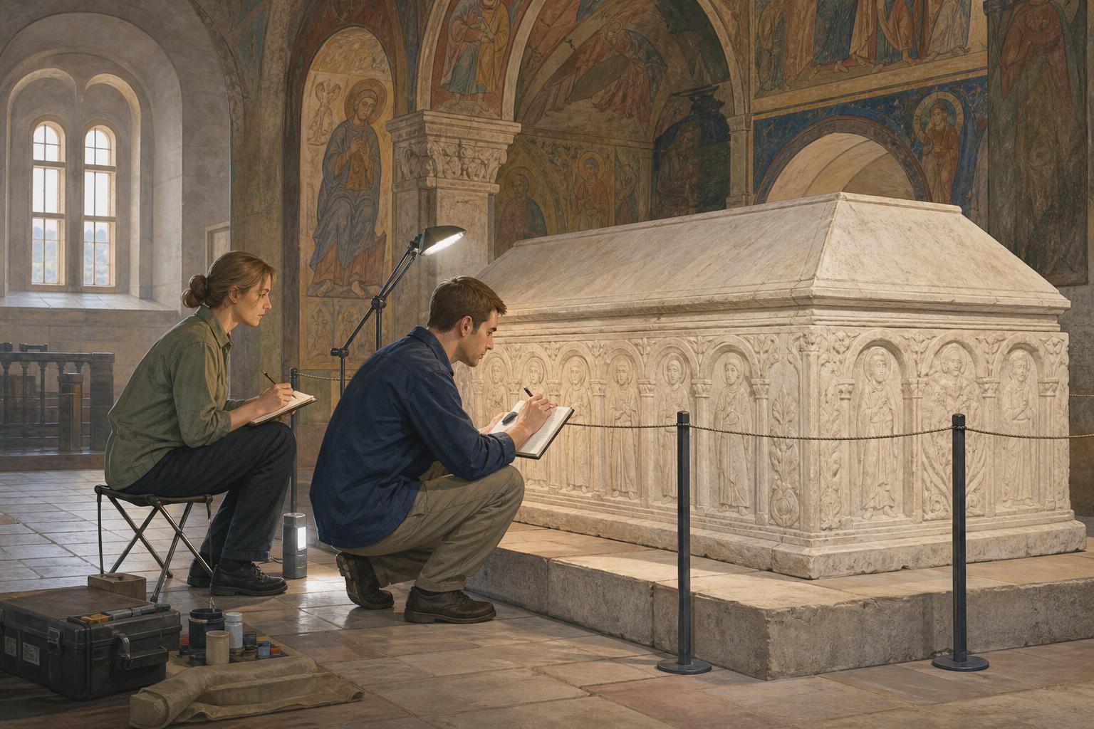 Illustration of conservators examining a white-stone sarcophagus during cathedral restoration work.