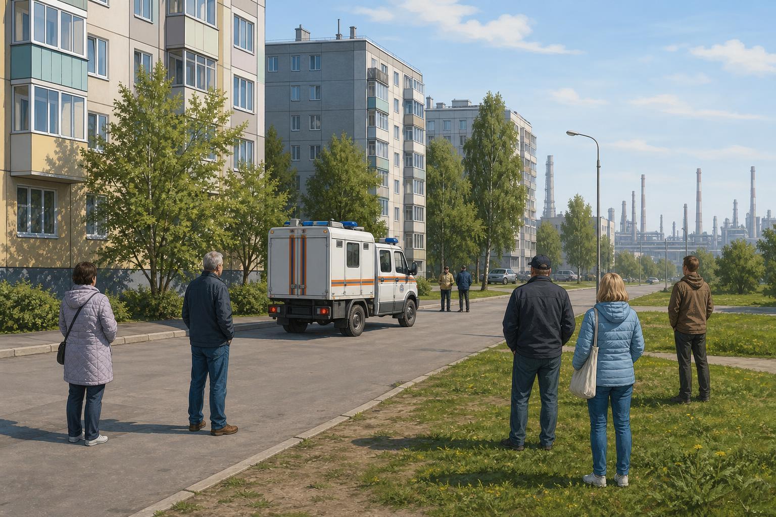 Editorial illustration of emergency workers and residents on a residential street in Nizhnekamsk after a drone attack.
